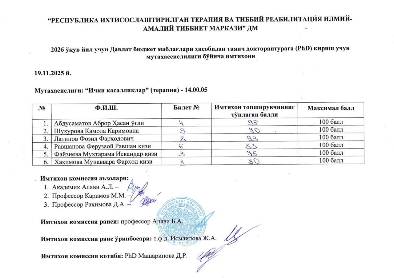 RESPUBLIKA IXTISOSLASHTIRILGAN TERAPIYA VA TIBBIY REABLITATSIYA ILMIY-AMALIY TIBBIYOT MARKAZIGA 2026-YIL UCHUN TAYANCH DOKTORANTURAGA (PhD) QABUL QILISH IMTIXONINI NATIJALARI